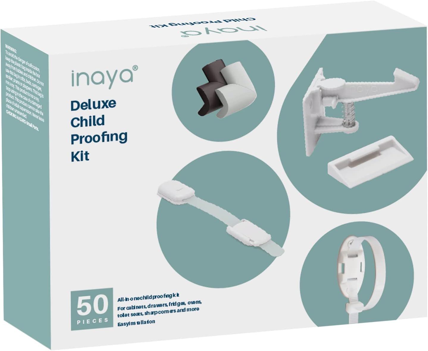 Inaya Complete Baby Proofing Kit - Child Safety Hidden Locks for Cabinets & Drawers, Adjustable Safety Latches, Corner Guards and Outlet Covers - Baby Proof Pack to Keep Your Child Safe at Home
