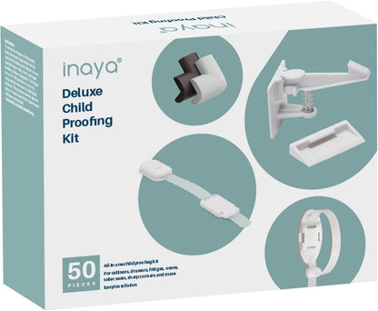 Inaya Complete Baby Proofing Kit - Child Safety Hidden Locks for Cabinets & Drawers, Adjustable Safety Latches, Corner Guards and Outlet Covers - Baby Proof Pack to Keep Your Child Safe at Home