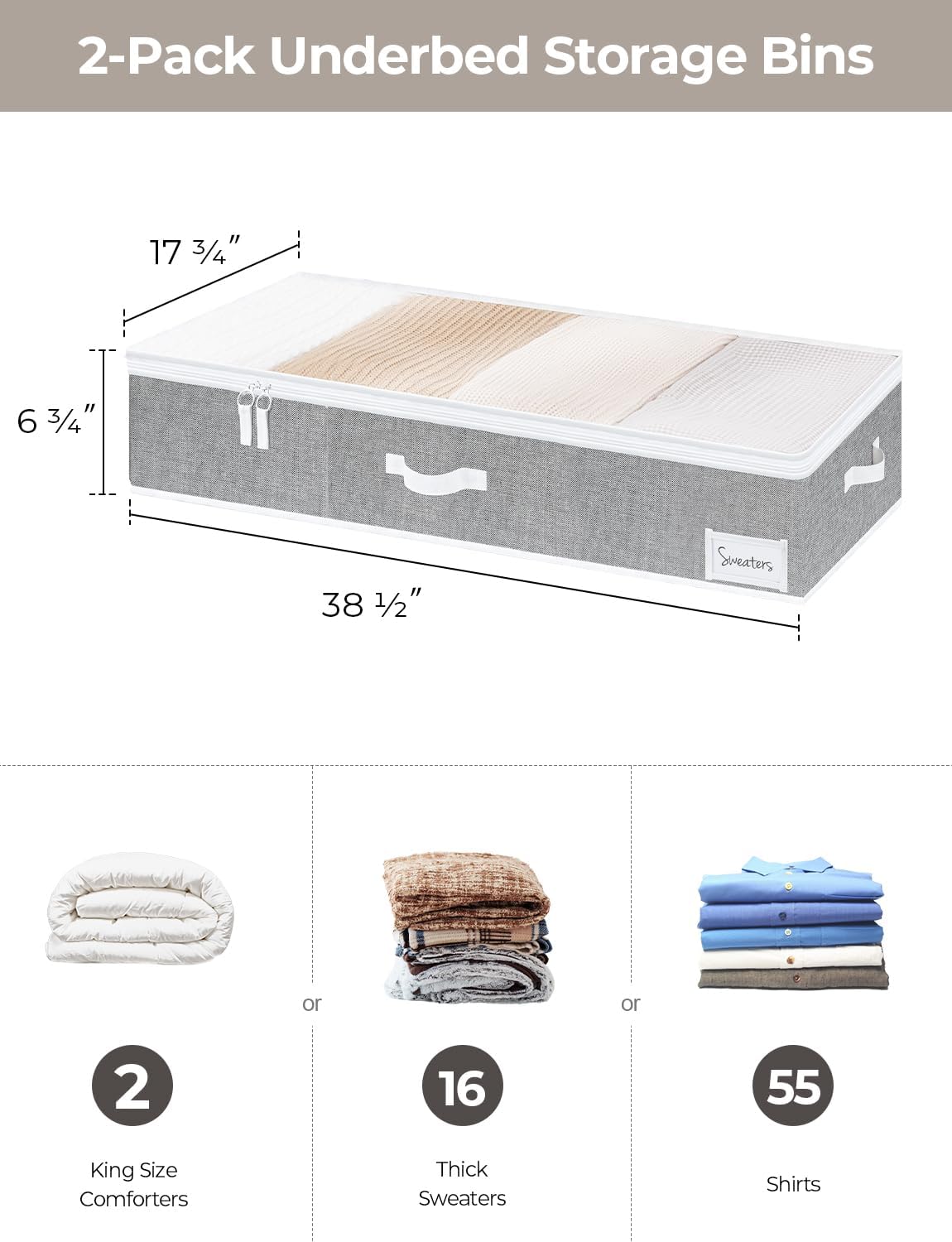 StorageWorks Large Under Bed Storage Containers with Handles and Label Holder, 2 Pack Ultra-thick Fabric Underbed Bins, Closet Organizer for Clothes, Blankets, Sweater