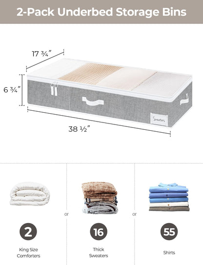 StorageWorks Large Under Bed Storage Containers with Handles and Label Holder, 2 Pack Ultra-thick Fabric Underbed Bins, Closet Organizer for Clothes, Blankets, Sweater