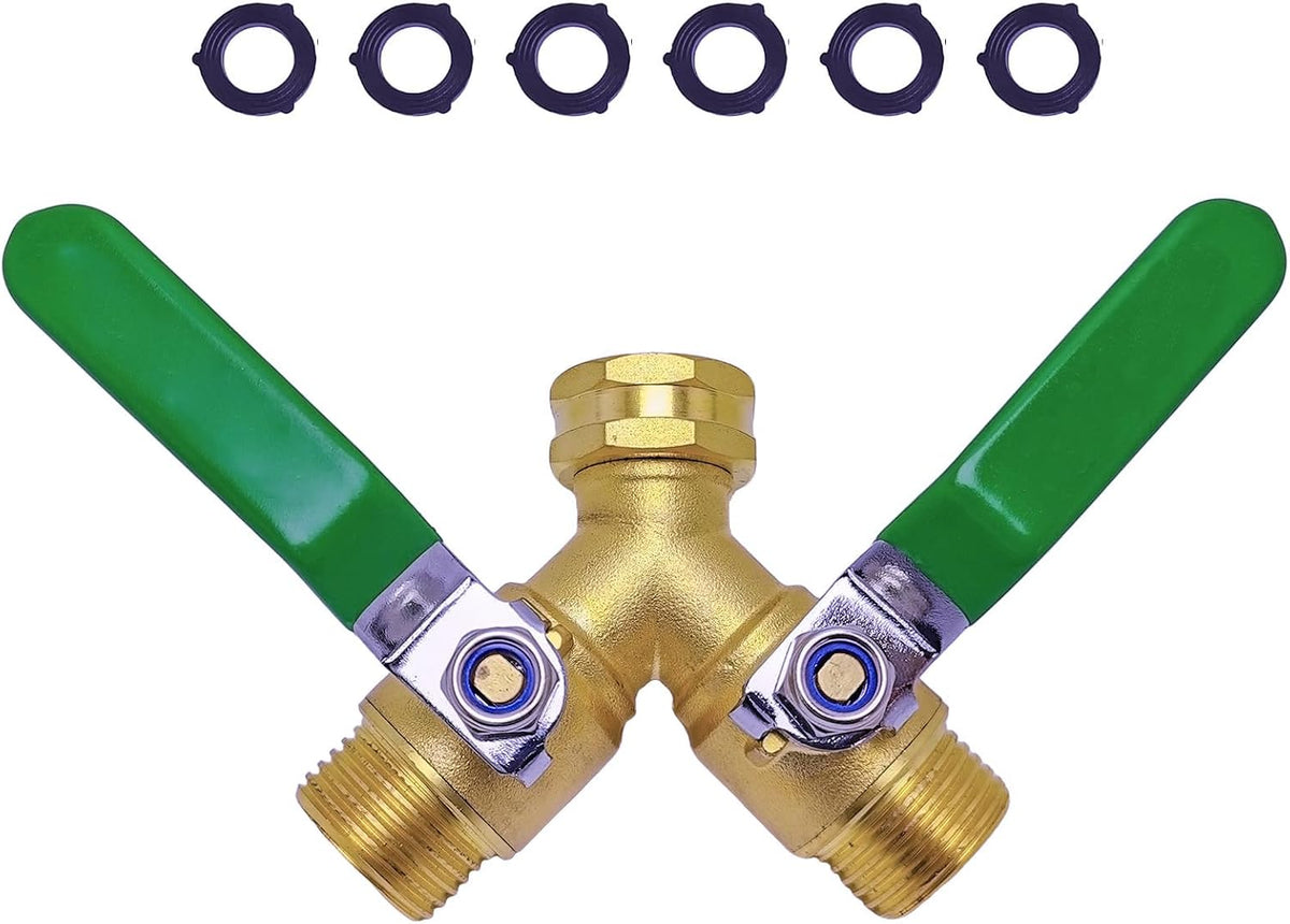 Upgraded Full-Flow Brass Garden Hose Splitter, 3/4 Inch，2-Way Y Connector for Outdoor Faucet, Heavy-duty Handle & Individual Shut-Off Valves, Ideal for Garden Irrigation & Cleaning Tasks