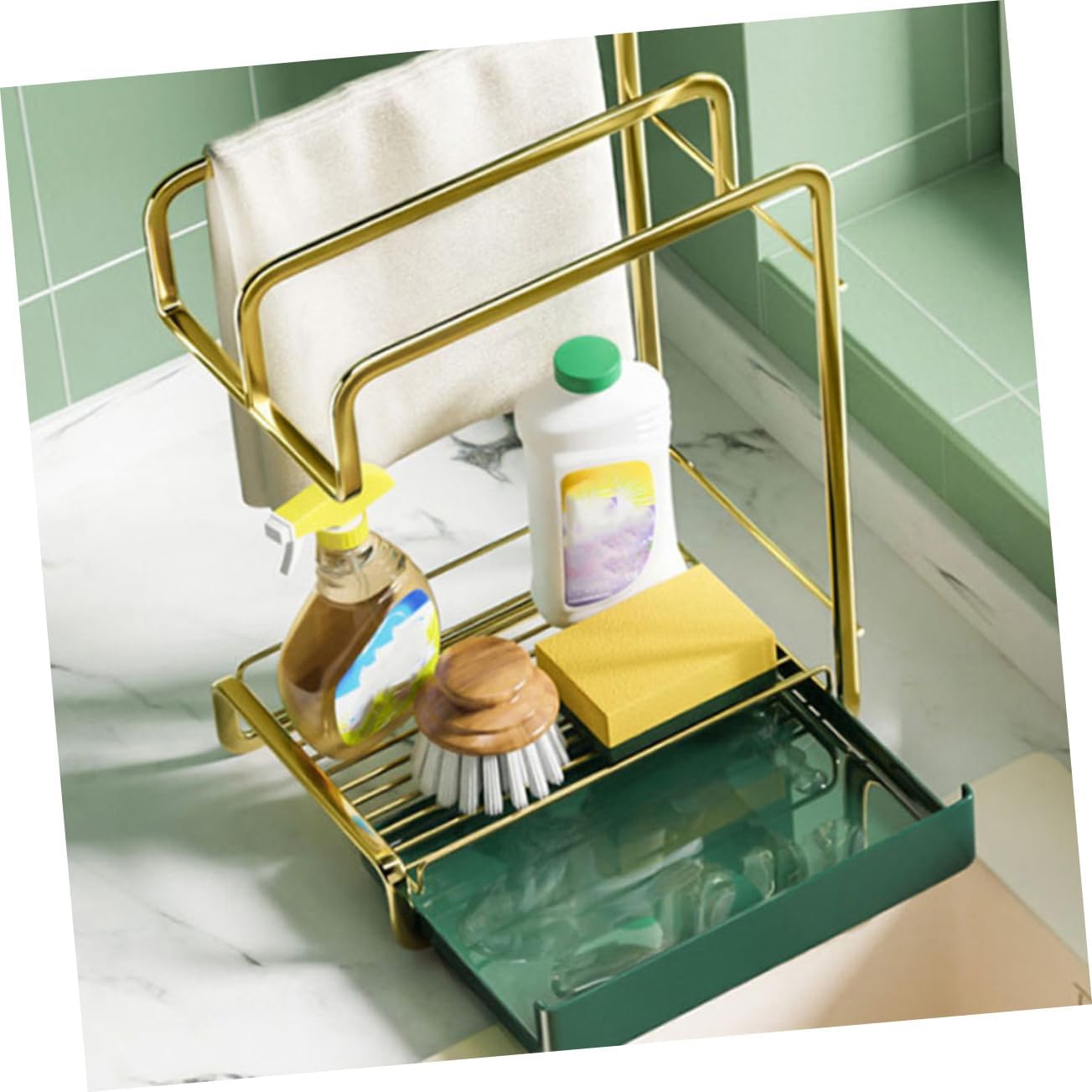 VICASKY Punch Wall Mounted Kitchen Drain Stand with Gold Iron Construction Multifunctional Storage Rack for Sponge and Cloth Space Saving Accessory for Organized Cleaning Tools