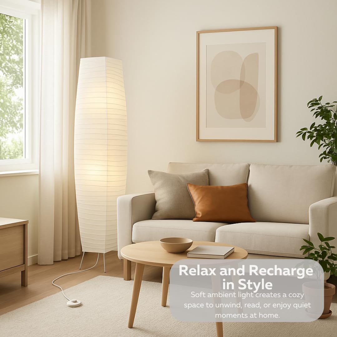 LIGHTACCENTS 50” Rice Paper Standing Lamp – Modern Japanese Floor Lamp with Chrome Base, White Shade, Foot Pedal Switch – Floor Lamps for Living Room, Bedroom, or Meditation Space