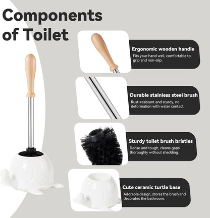 Toilet Brush and Holder Set, Ceramic Turtle Base Toilet Brush Set - 7.5” Bowl Cleaner, Toilet Scrubber Brush with Ergonomic Handle (Silver)