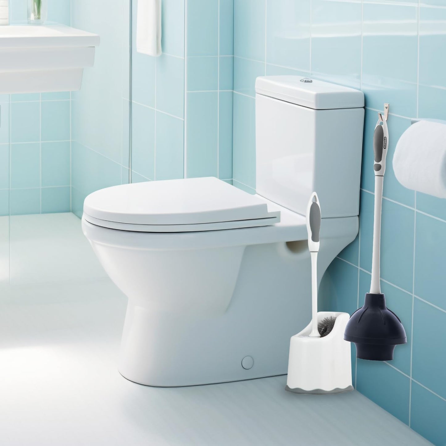 Superio Toilet Bowl Brush and Holder with Under Rim Cleaner for Bathroom, Toilet Brush and Caddy with Non Scratch Bristles and Under Rim Lip Brush