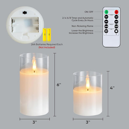 Amagic Clear Glass Flameless Candles Battery Operated with Timer, Remote Control, LED Pillar Candles, Battery Powered, Valentine's Day Decor, Pure White Wax, Set of 3
