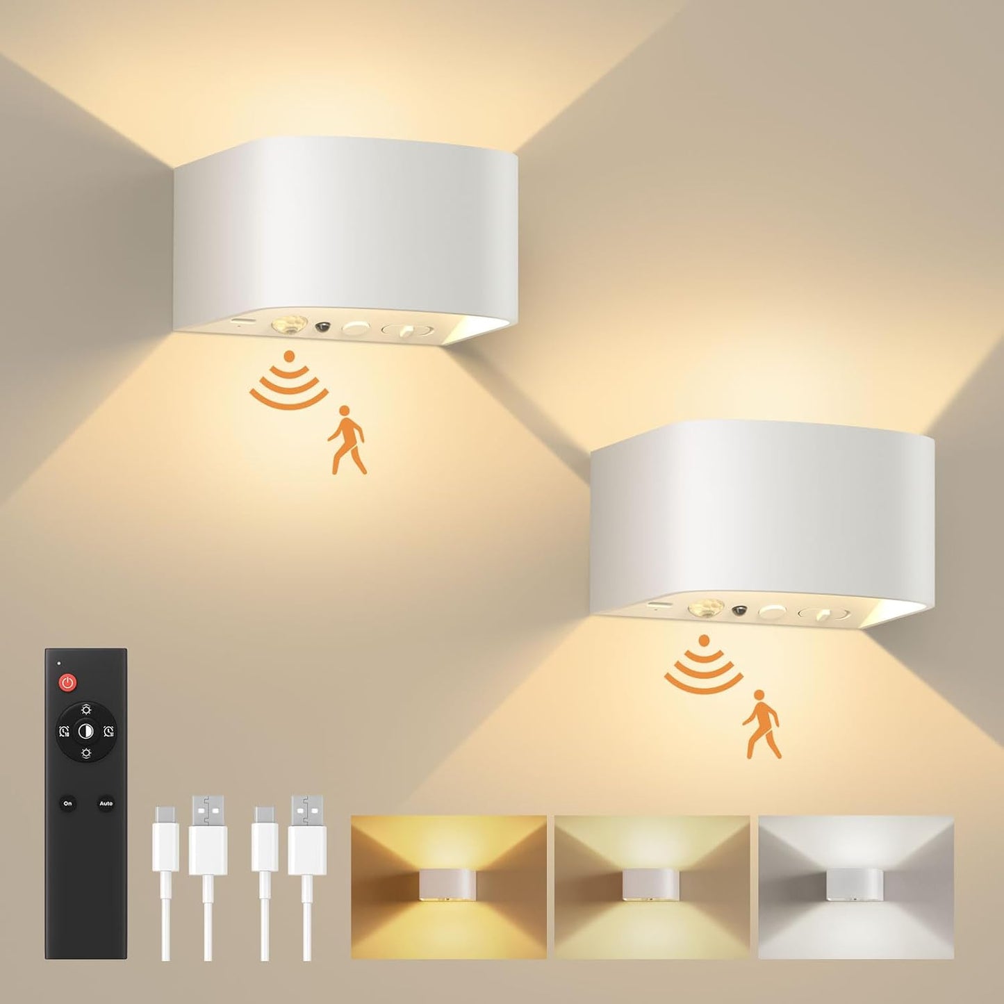FULEN Motion Sensor Wall Light with Remote Control 3 Colors Wireless Wall Lamp LED Indoor Up and Down Wall Sconce 5000mAh Rechargeable Battery Powered Wall Lamps Brightness Adjustable, 2 Pack