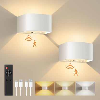 FULEN Motion Sensor Wall Light with Remote Control 3 Colors Wireless Wall Lamp LED Indoor Up and Down Wall Sconce 5000mAh Rechargeable Battery Powered Wall Lamps Brightness Adjustable, 2 Pack