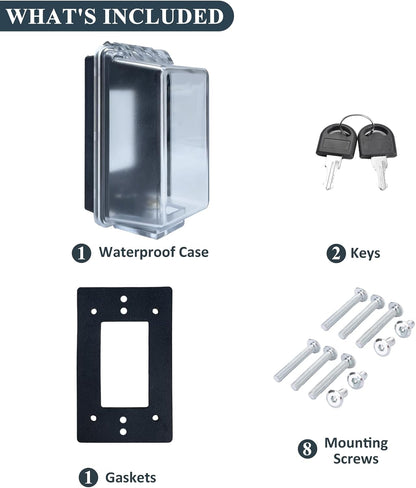Locking Weatherproof Outlet Cover, Clear in-Use Box | Outdoor plug lock box, child-resistant outlet protection, fits plugs up to 2.6" H x 2.5" W