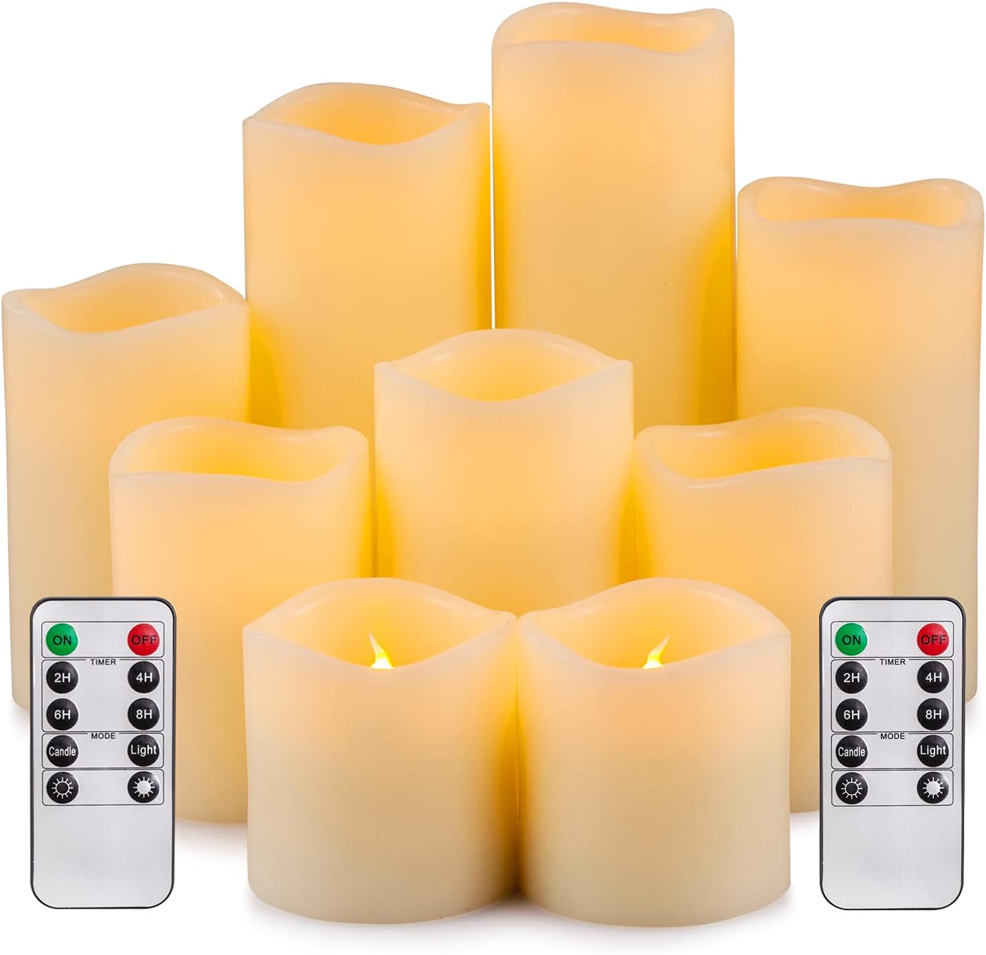 RY King Large Flameless Candle Set of 9 (D 3" x H 3", 3", 4", 4", 5", 5", 6", 7", 8") Battery Operated LED Pillar Real Wax Candles with Remote Control Timer