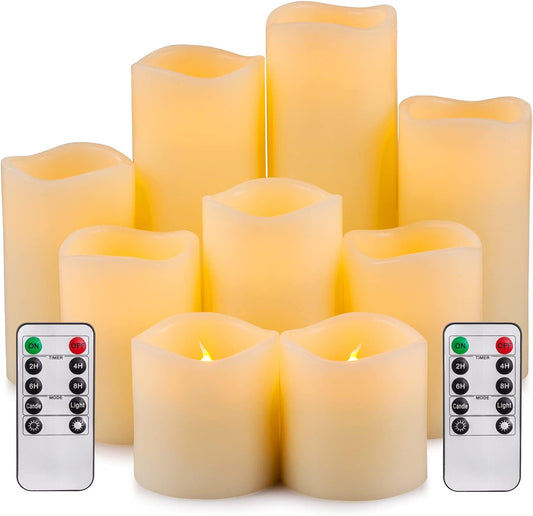 RY King Large Flameless Candle Set of 9 (D 3" x H 3", 3", 4", 4", 5", 5", 6", 7", 8") Battery Operated LED Pillar Real Wax Candles with Remote Control Timer