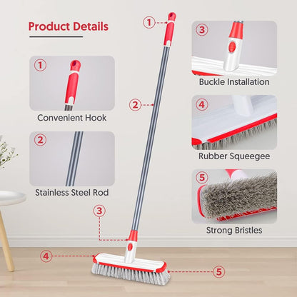 Floor Scrubber with Long Handle, 2 in 1 Scrubbing Brush Stiff Bristle Shower Cleaning Brush for Bathroom, Kitchen, Tub, Carpet, Grout, Tile(Red)