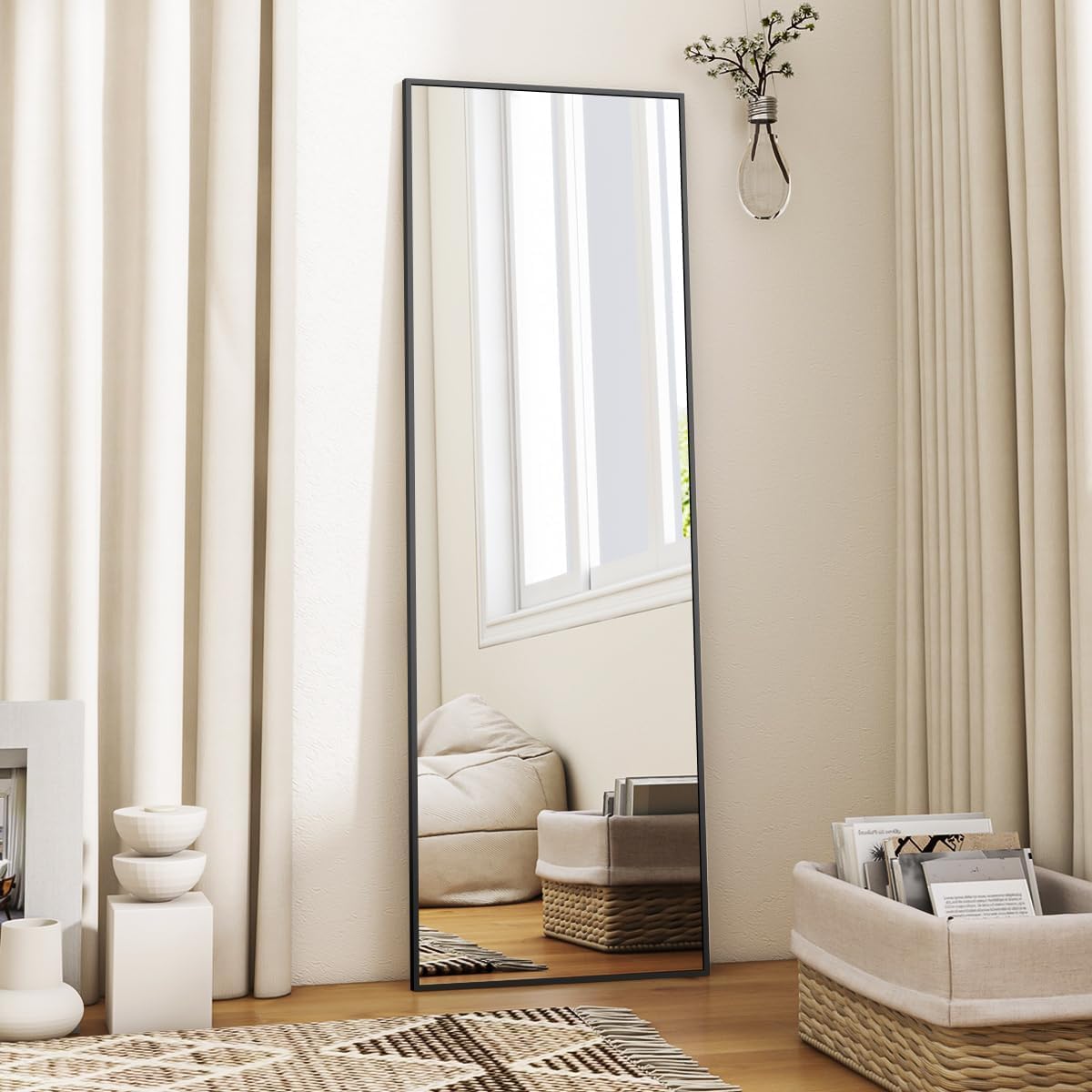 VooBang Mirror Full Length - 21" x 57" Floor Mirror with Stand, Aluminum Alloy Frame Full Body Mirror, Standing Hanging or Leaning Against Wall for Bedroom and Living Room, Black