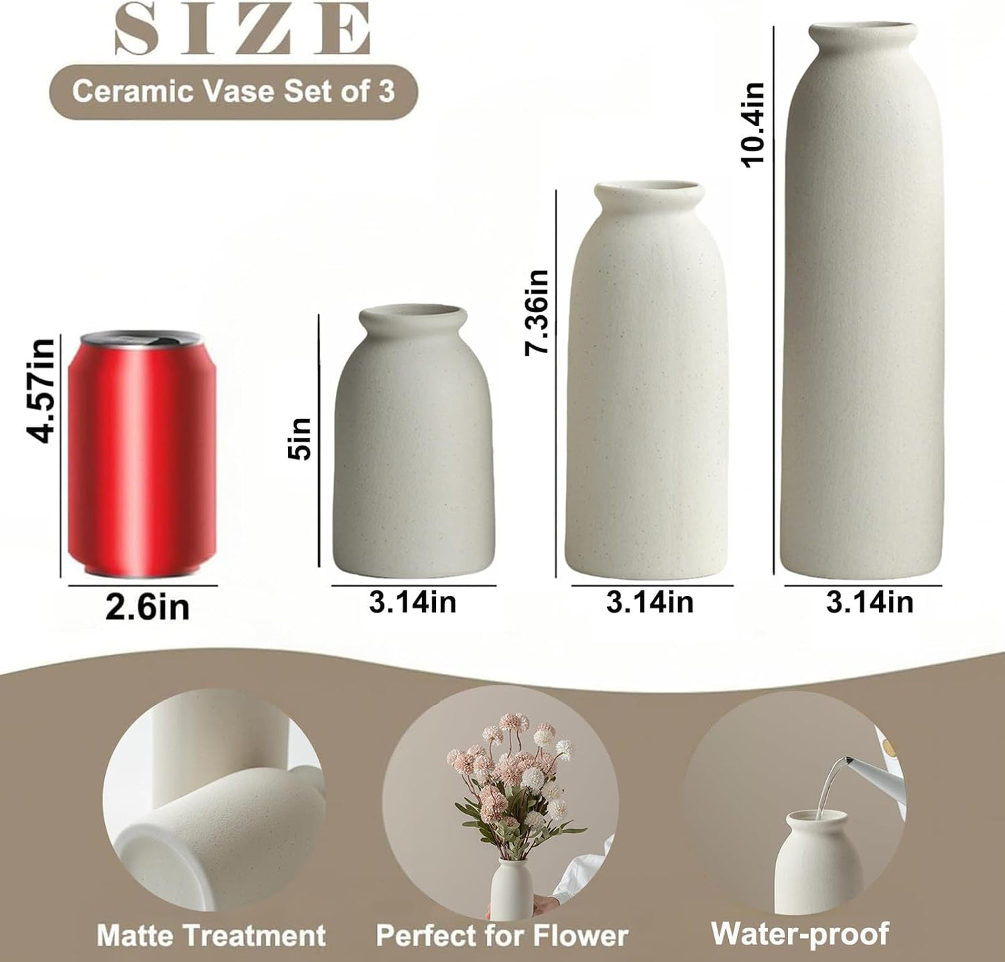 Ceramic Vase Set-3, Small Flower Vases for Decor, Modern Boho Farmhouse Style, Decorative Vases for Pampas Grass & Dried Flowers, Distressed Finish (Beige)