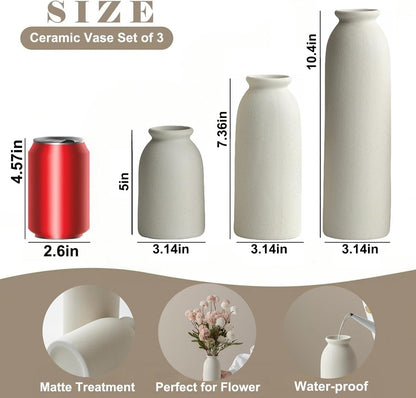 Ceramic Vase Set-3, Small Flower Vases for Decor, Modern Boho Farmhouse Style, Decorative Vases for Pampas Grass & Dried Flowers, Distressed Finish (Beige)