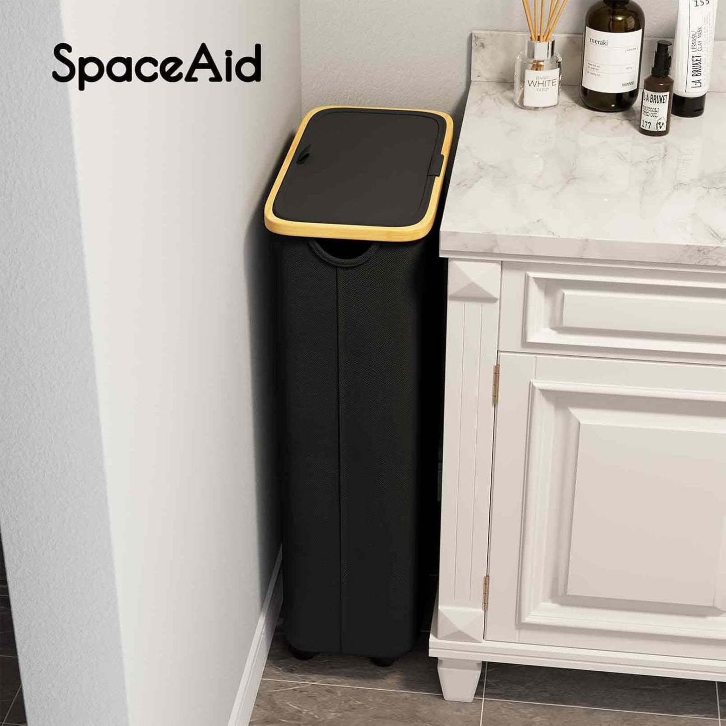 SpaceAid Double Laundry Hamper 2 Section with Lid and Removable Laundry Bags, 160L Clothes Basket with Bamboo Handles, Large Collapsible Hamper for Bedroom, Bathroom, Dorm, Laundry Room - White