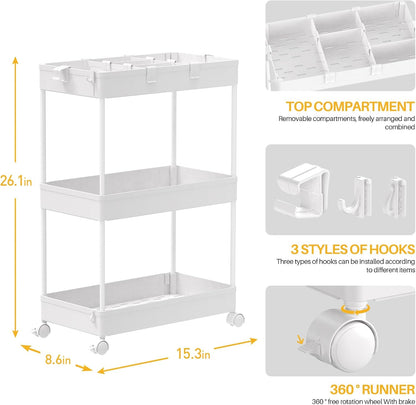 SPACELEAD 3 Tier Rolling Cart with Wheels, Storage Craft Art Trolley Organizer Serving, 3 Hanging Baskets Easy Assembly, for Office, Bathroom，Living Room, Kitchen, White