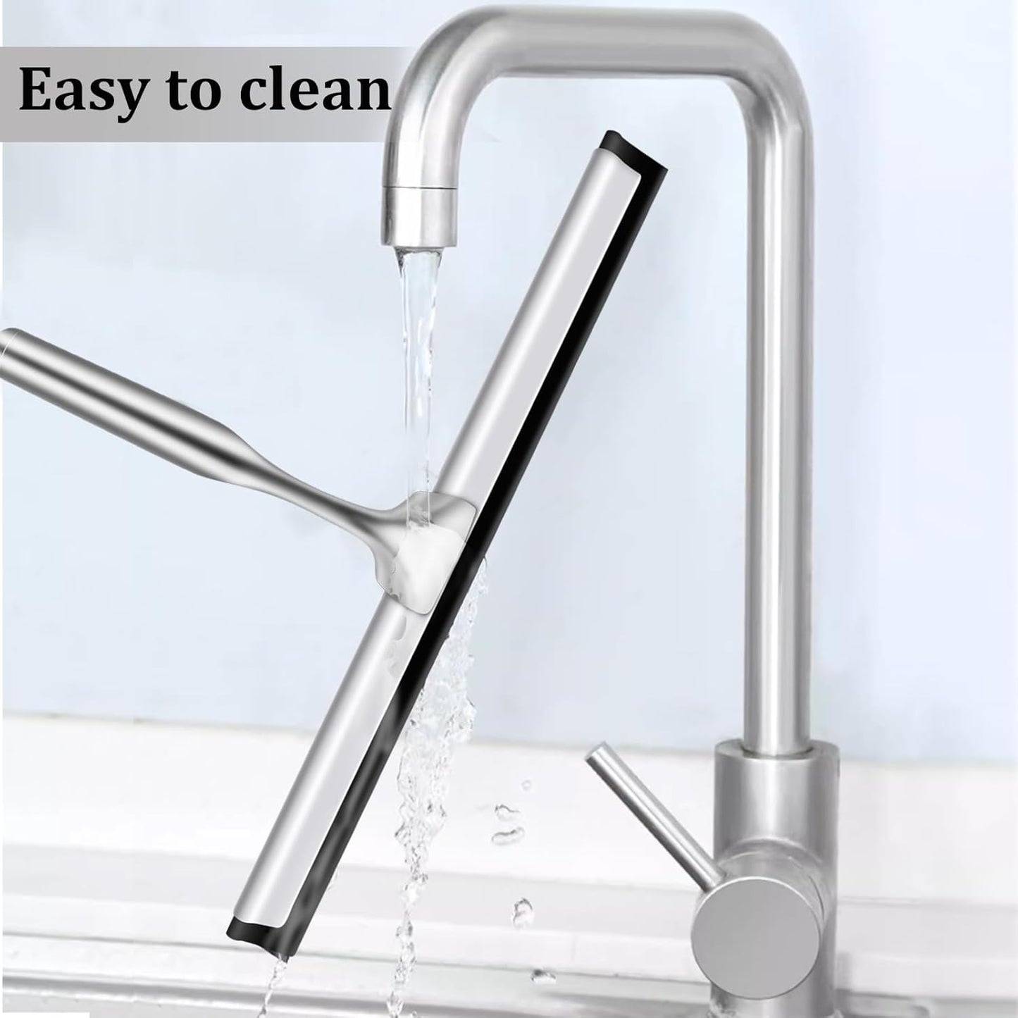 10" Stainless Steel Shower Squeegee for Shower Glass with Adhesive Hook for Cleaning Bathroom Glass Doors Car Window Mirrors and Tile Wall (Matte Black + Hook)