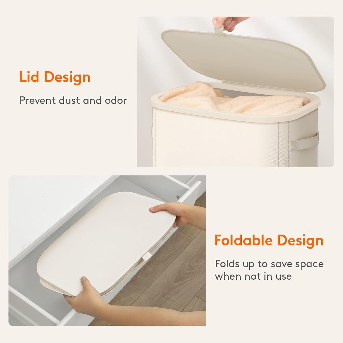 Lifewit Slim Laundry Basket with Lid, Narrow Laundry Hamper with Plastic Handles and Removable Bag, Tall Foldable Dirty Clothes Hampers for Laundry Room, Bedroom, Bathroom, Dorm, 65L Beige