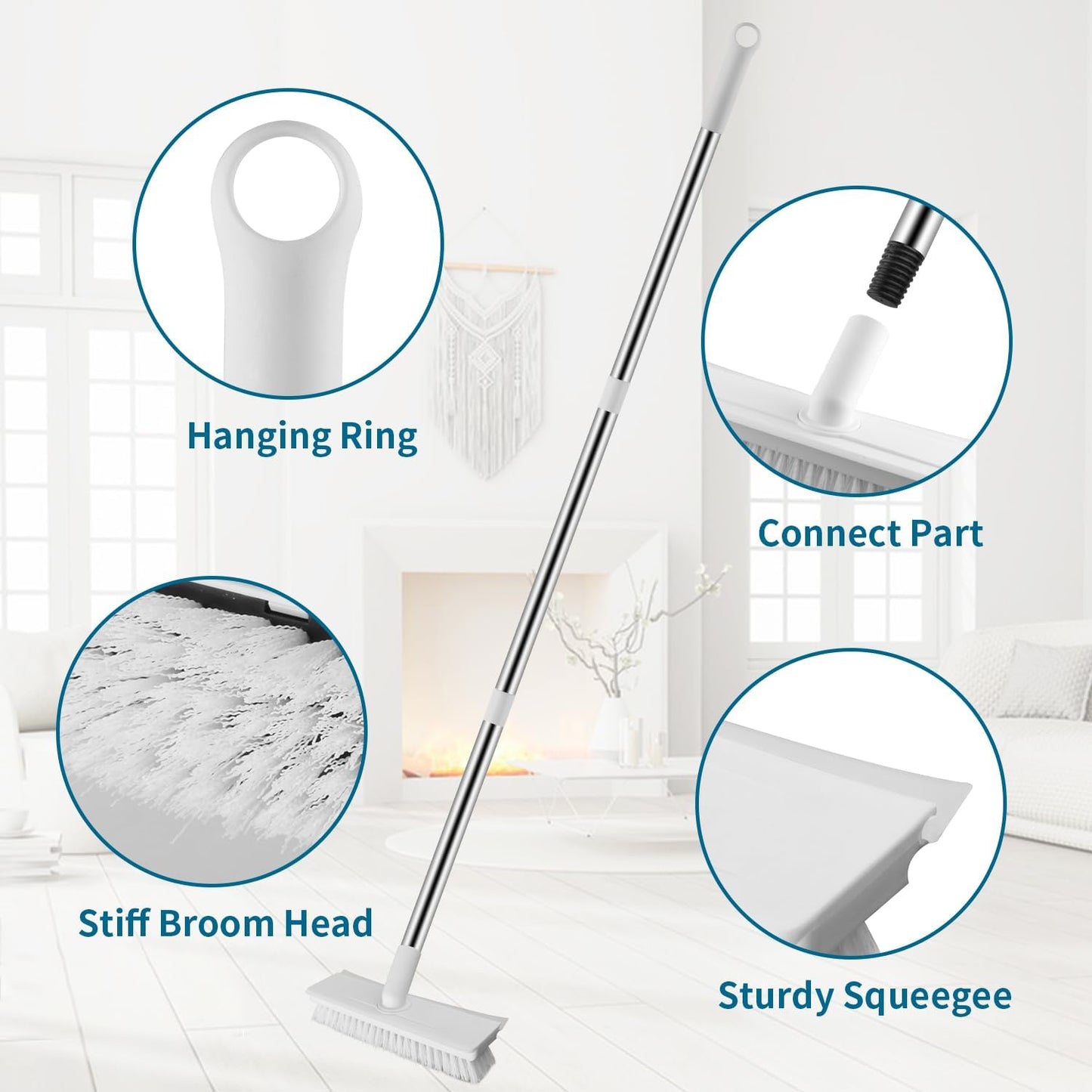 Floor Scrub Brush with Long Handle, 2 in 1 Scrape Brush Stiff Bristle Floor Scrubber for Cleaning Shower Bathroom Garage Kitchen Wall Deck Tub Tile, White