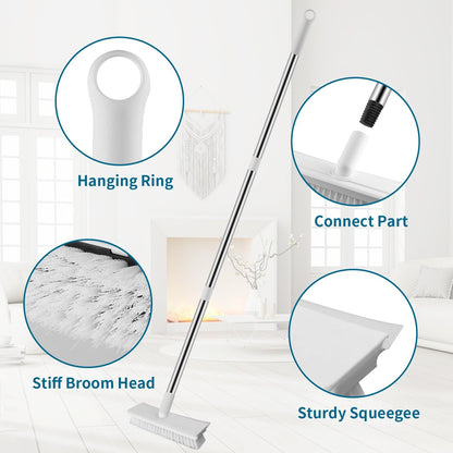 Floor Scrub Brush with Long Handle, 2 in 1 Scrape Brush Stiff Bristle Floor Scrubber for Cleaning Shower Bathroom Garage Kitchen Wall Deck Tub Tile, White