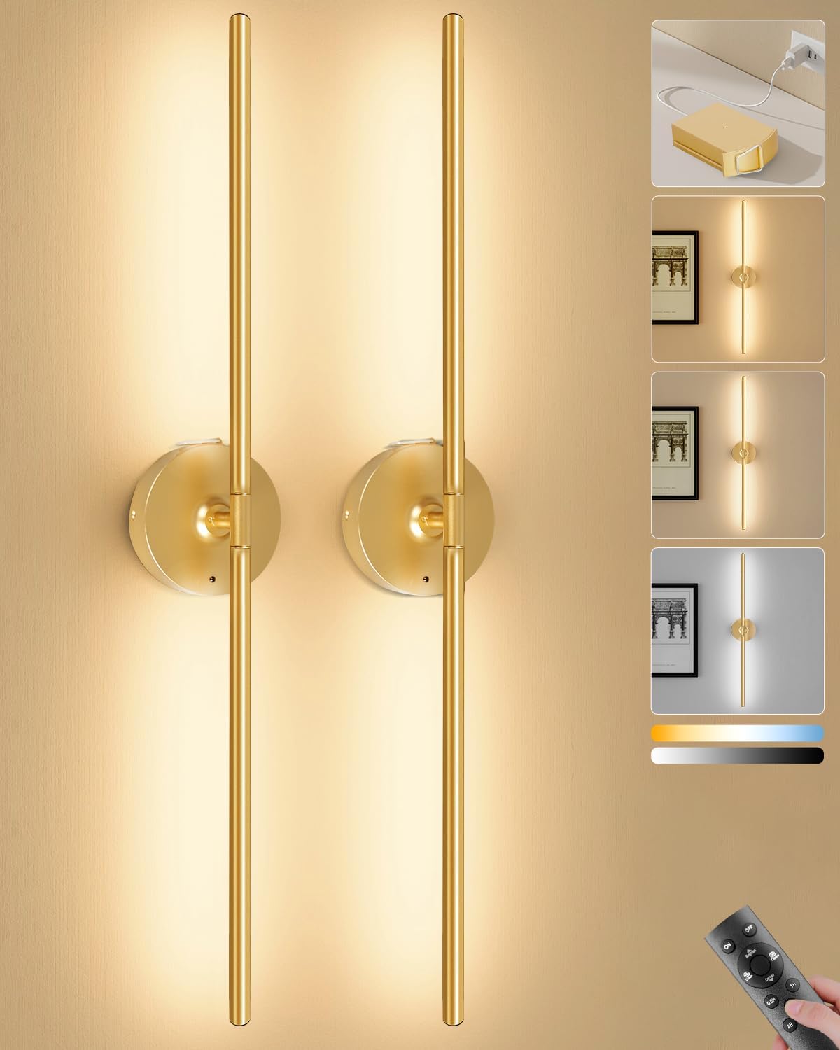 Ouyulong Battery Operated Wall Sconces Set of 2, 10000mAh Wireless Rechargeable 3000-6000K Dimmable 350° Rotate Wall Light with Remote for Living Room, Bedroom 31.6in Black