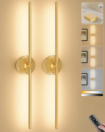 Ouyulong Battery Operated Wall Sconces Set of 2, 10000mAh Wireless Rechargeable 3000-6000K Dimmable 350° Rotate Wall Light with Remote for Living Room, Bedroom 31.6in Black