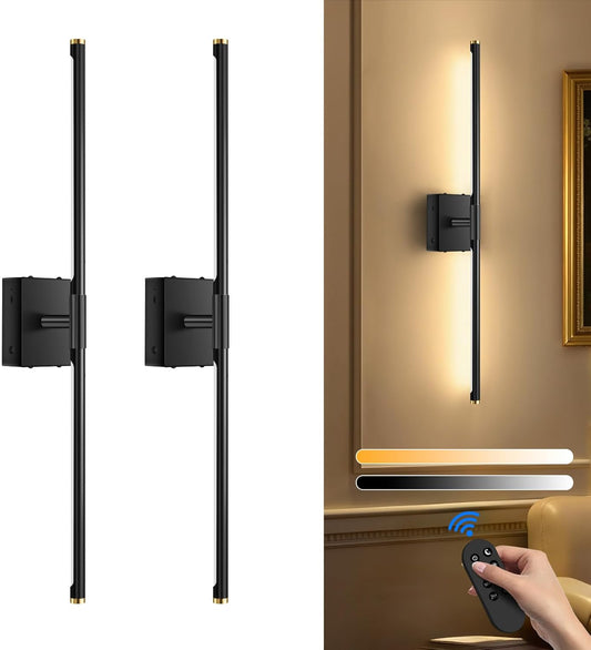 SAIMAND Wall Sconces Set of 2 Battery Operated, Wireless USB Rechargeable Wall Lights with Remote Control, 360° Rotation, 8000mAh LED Dimmable Picture Lamp for Living Room,Bedroom,Hallway (30in Black)