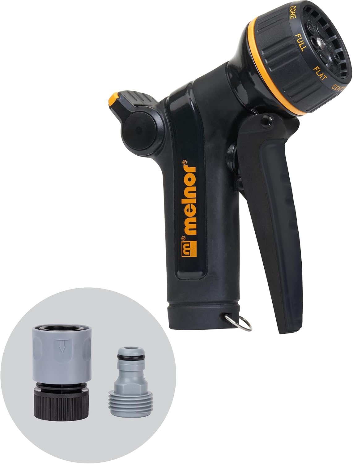 Melnor 65020-AMZ Metal Multi-Pattern Hose Nozzle with Rear Trigger Grip, 7 Spray Patterns, Heavy-Duty Metal Construction, Quick Connect Adapter, Black, Orange