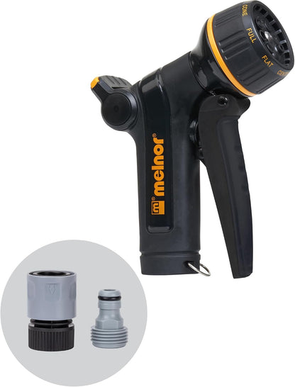 Melnor 65020-AMZ Metal Multi-Pattern Hose Nozzle with Rear Trigger Grip, 7 Spray Patterns, Heavy-Duty Metal Construction, Quick Connect Adapter, Black, Orange