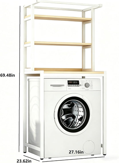 Durable 3-Tier Over The Washer Storage Rack, Freestanding Laundry Organizer with White Metal Frame & Wood Grain Boards, Movable Space Saving Shelf for Front Load Washers & Dryers