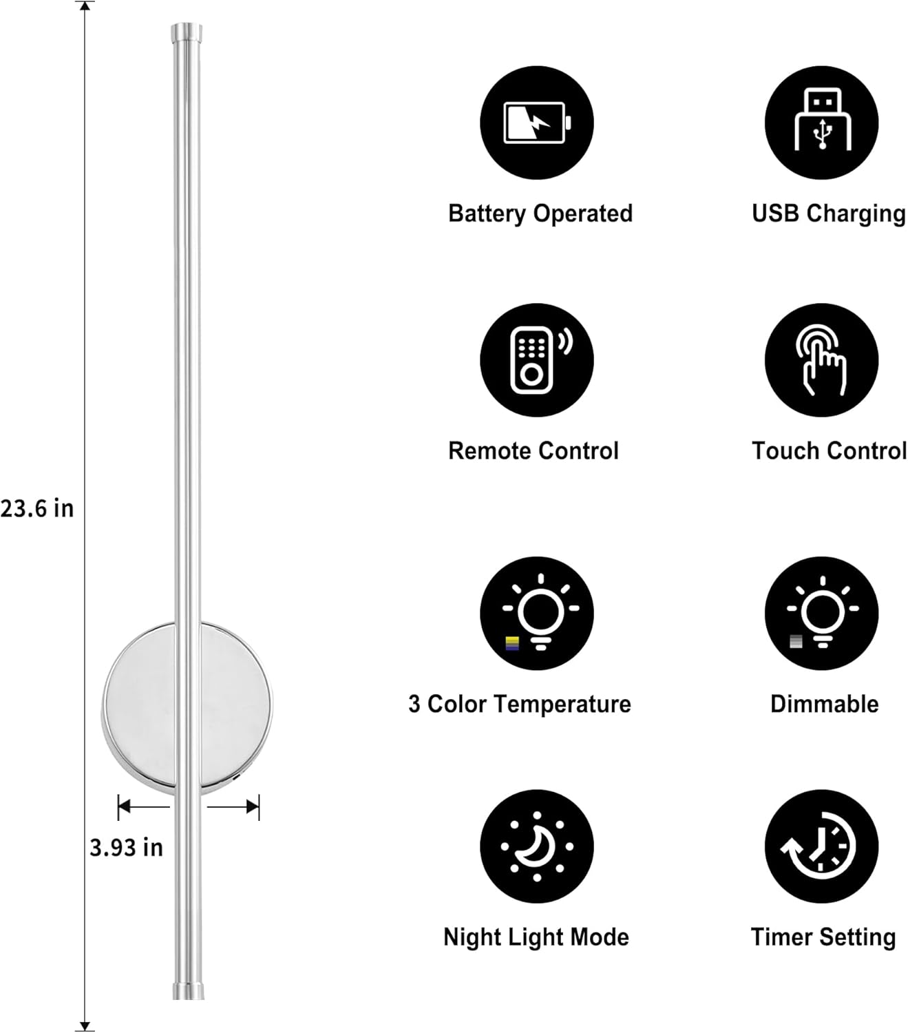 Battery Operated Modern Wall Sconces, Dimmable Wireless Wall Light Set of Two with Remote Control, 3 Color Temperatures, Rechargeable LED Wall Sconce for Bedroom, Living Room, Hallway, 23.6 Inch Brass