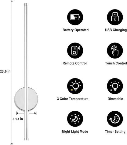 Battery Operated Modern Wall Sconces, Dimmable Wireless Wall Light Set of Two with Remote Control, 3 Color Temperatures, Rechargeable LED Wall Sconce for Bedroom, Living Room, Hallway, 23.6 Inch Brass