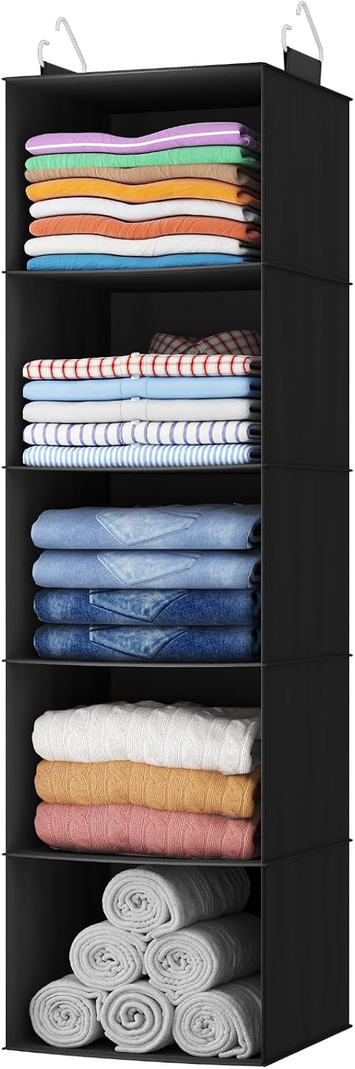 Lifewit 5 Tier Hanging Closet Organizer and Storage for Shelves, Foldable Clothes Shelf with 2 Sturdy Hooks, Sweater/Coat/Shoes Clothing Organization for Wardrobe, Dorm, Bedroom, Gray