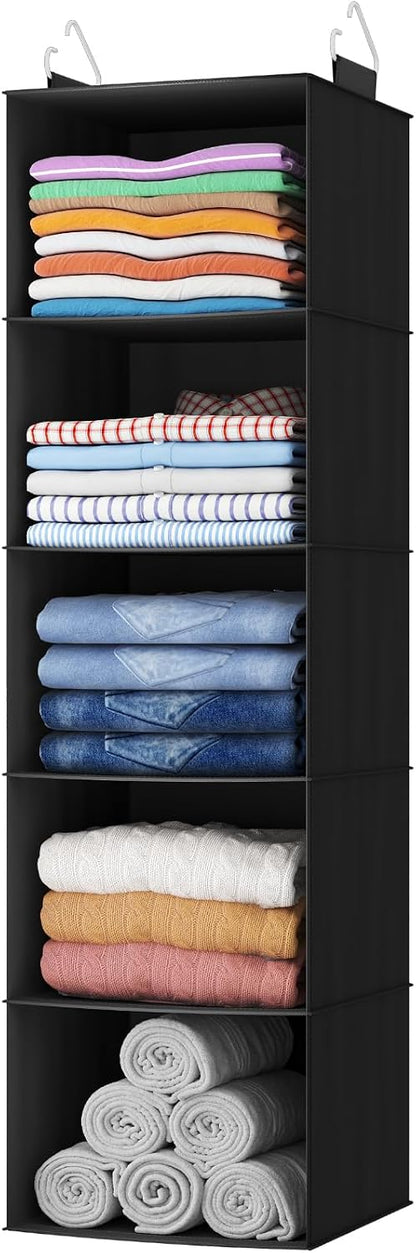 Lifewit 5 Tier Hanging Closet Organizer and Storage for Shelves, Foldable Clothes Shelf with 2 Sturdy Hooks, Sweater/Coat/Shoes Clothing Organization for Wardrobe, Dorm, Bedroom, Gray