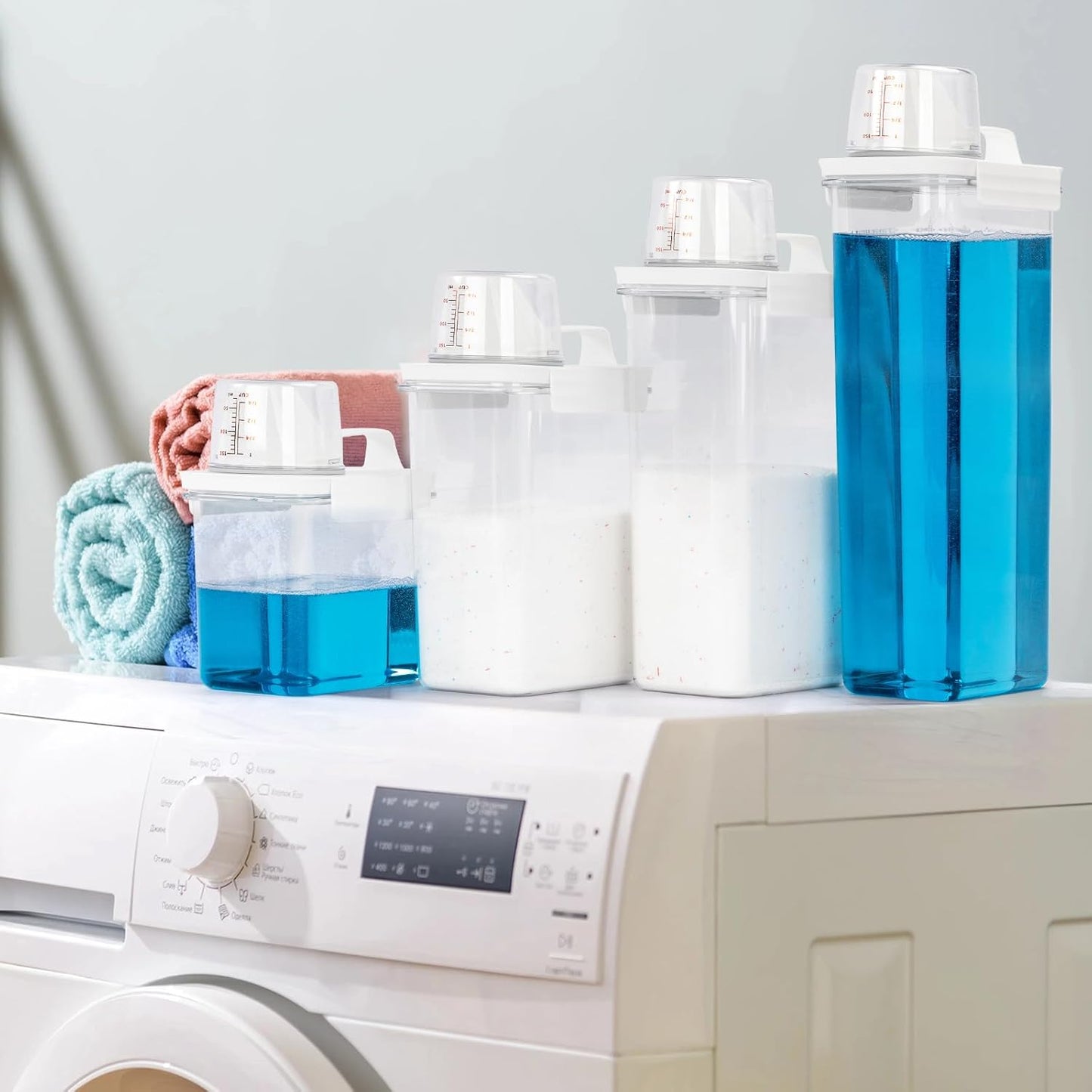 Provoue Laundry Detergent Dispenser-2 Pack, 37 oz Detergent Dispenser with 4 Removable Labels, Laundry Soap Dispenser for Laundry Room Organization and Storage, BPA Free & PET Plastic Clear