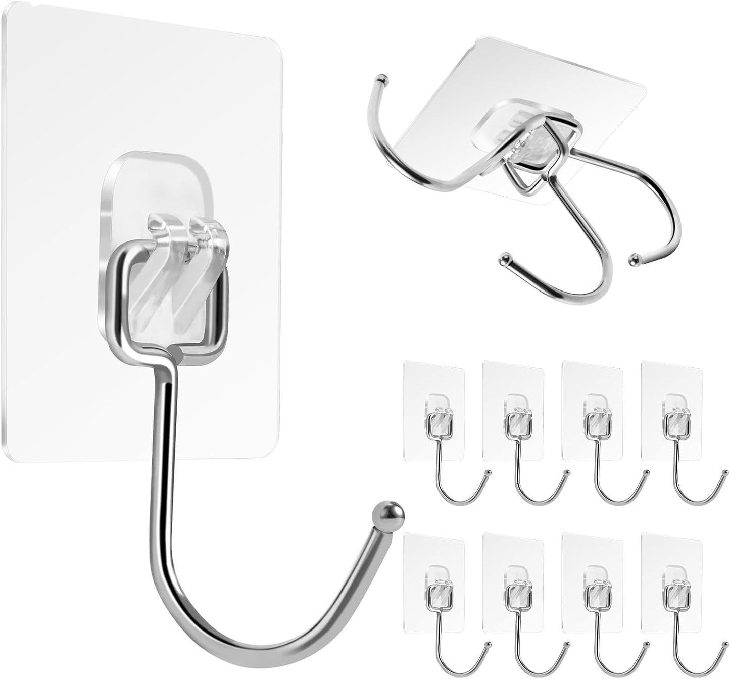 Large Adhesive Hooks for Hanging Heavy Duty 60Ib(Max) 8 Packs, Waterproof & Rustproof Wall Hangers Without Nails for Kitchen, Bathroom, Home, Office, Coat, Towel, Plant, Transparent