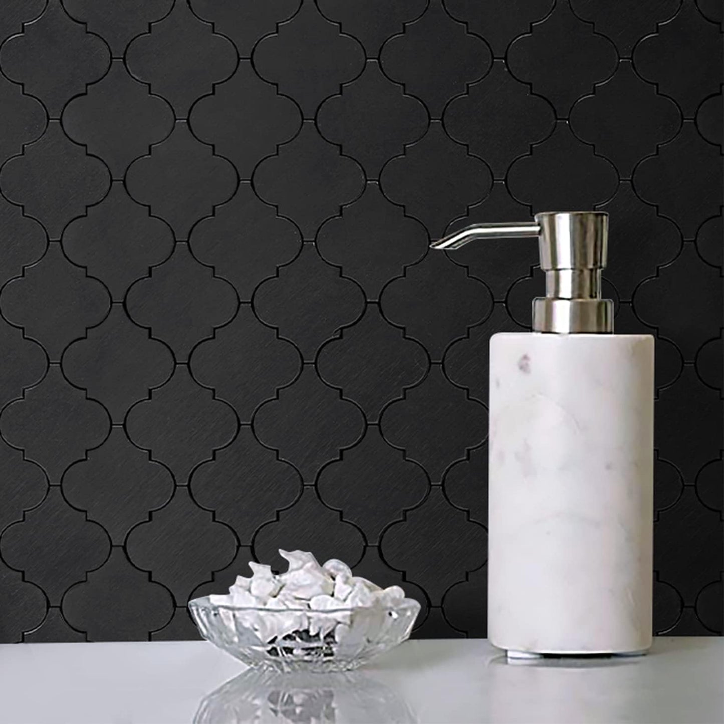 STICKGOO Arabesque Peel and Stick Backsplash Tile, Stick on Backsplash for Kitchen and Bathroom, Beige Marble Look PVC Mixed Metal Aluminum Mosaic Tiles (10 Sheets)