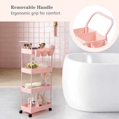danpinera Storage Cart on Wheels, 3 Tier Slim Laundry with Wheels Bathroom Organizer with Hanging Cups Hooks Dividers Handle Mobile Rolling Art Cart for Bathroom Kitchen Narrow Places, White