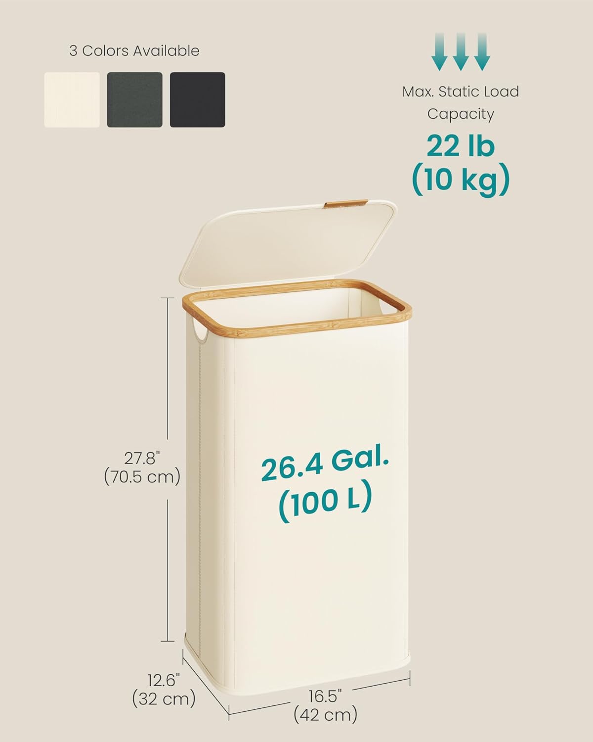 SONGMICS Laundry Hamper, Laundry Basket with Lid, Foldable Storage Basket, Bamboo Frame, for Bedroom, Living Room, Oxford Fabric, 37 Gal. (140 L), Cream White ULCB519WD01