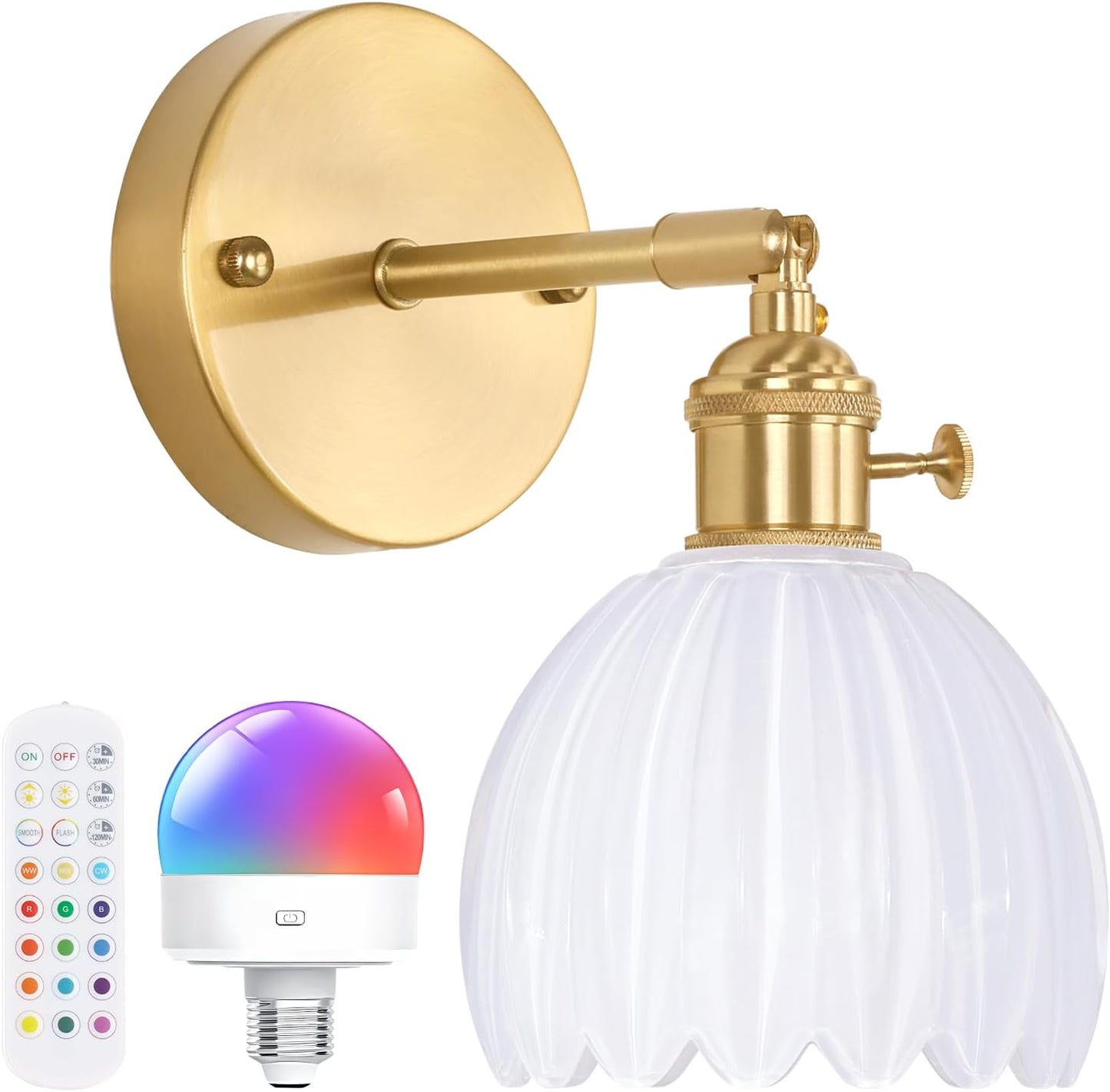Shenmoyl Vintage Battery Operated Wall Sconce with Transparent Tulip Glass Lampshade Rechargeable Battery Powered Wall Light with Remote Control for Bedside Bedroom Doorway, Set of 2