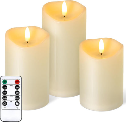 Outdoor Flameless Candles with Remote Timer - Waterproof Realistic Flickering LED Pillar Electric Battery Operated Fake Candle for Holiday Home Wedding Fireplace Decor - Ivory White 3 Pack (4”6”8”)