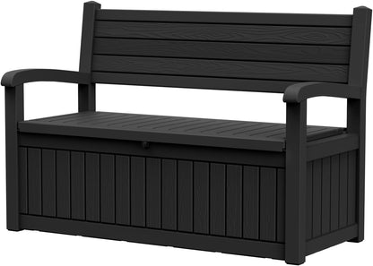 80 Gallon Outdoor Storage Bench, Heavy Duty Deck Box with Stripe Texture, Waterproof Resin Patio Seating for Cushions & Garden Tools, Lockable, 2-Person Capacity, 51"x 24"x 35", Black
