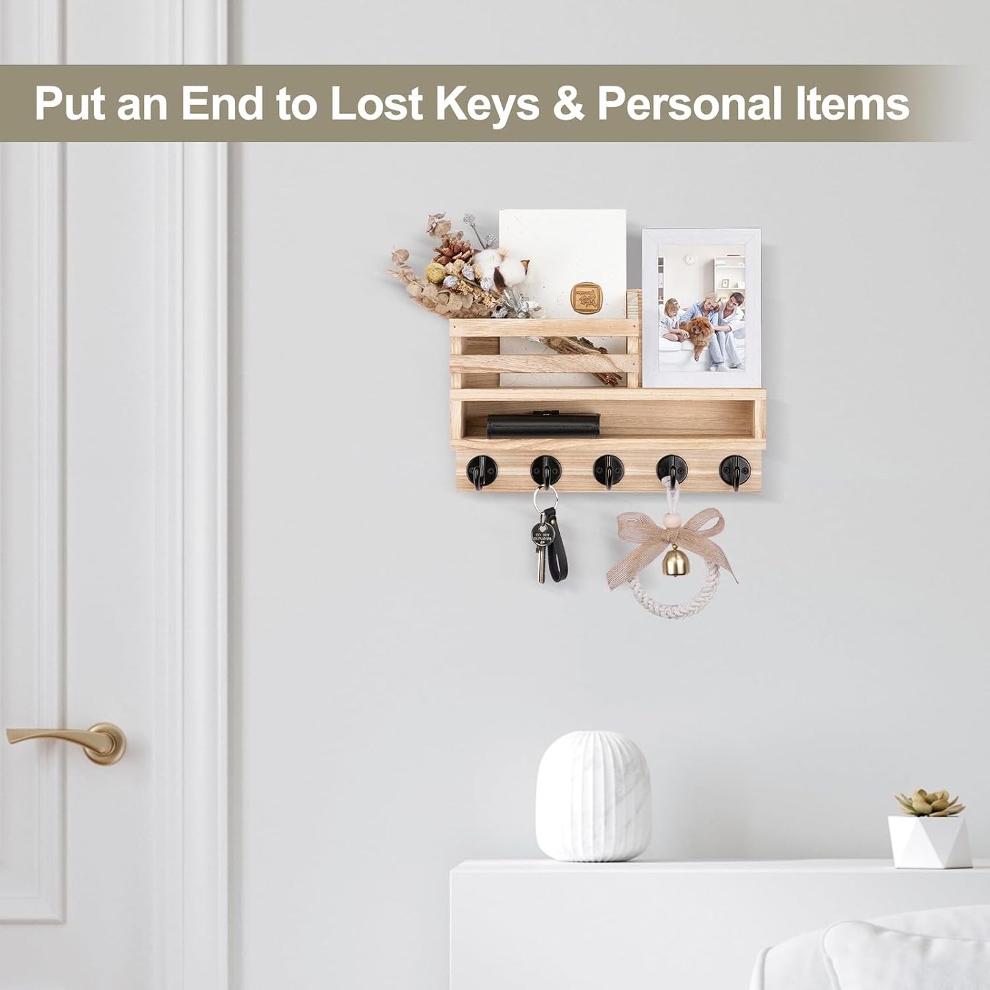 Key and Mail Holder Wall Mount, Key Hanger with Long Storage Box and 5 Hooks for Coat, Dog Leash, Home Decor Rack, House Accessories, Entry Way Organizer 11.8”W x 7.8”H x 3.2”D