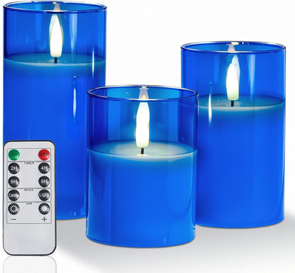 Amagic Clear Glass Flameless Candles Battery Operated with Timer, Remote Control, LED Pillar Candles, Battery Powered, Valentine's Day Decor, Pure White Wax, Set of 3