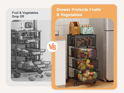 4 Tier Kitchen Rolling Cart, Kitchen Storage Cart with Wheels, Adjust Pantry Organizer and Storage Cart with Drawer, Fruit Vegetable Spice Storage Cart, Wooden Top Metal Kitchen Organizer Rack Stand