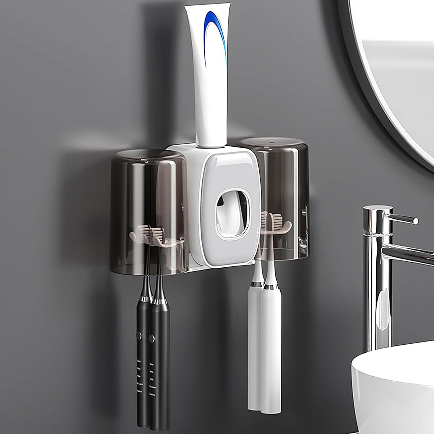 4 Slots Wall Mount Toothbrush Holder with Cover, Self Adhesive Toothbrush Storage Organizer for Shower, Toothbrush Hanger with 2 mouthwash Cups for Bathroom, Medicine Cabinet, Dorm (Black)