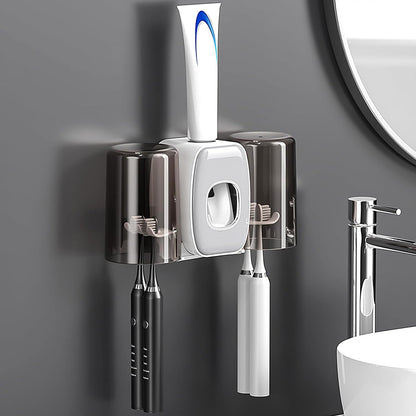 4 Slots Wall Mount Toothbrush Holder with Cover, Self Adhesive Toothbrush Storage Organizer for Shower, Toothbrush Hanger with 2 mouthwash Cups for Bathroom, Medicine Cabinet, Dorm (Black)
