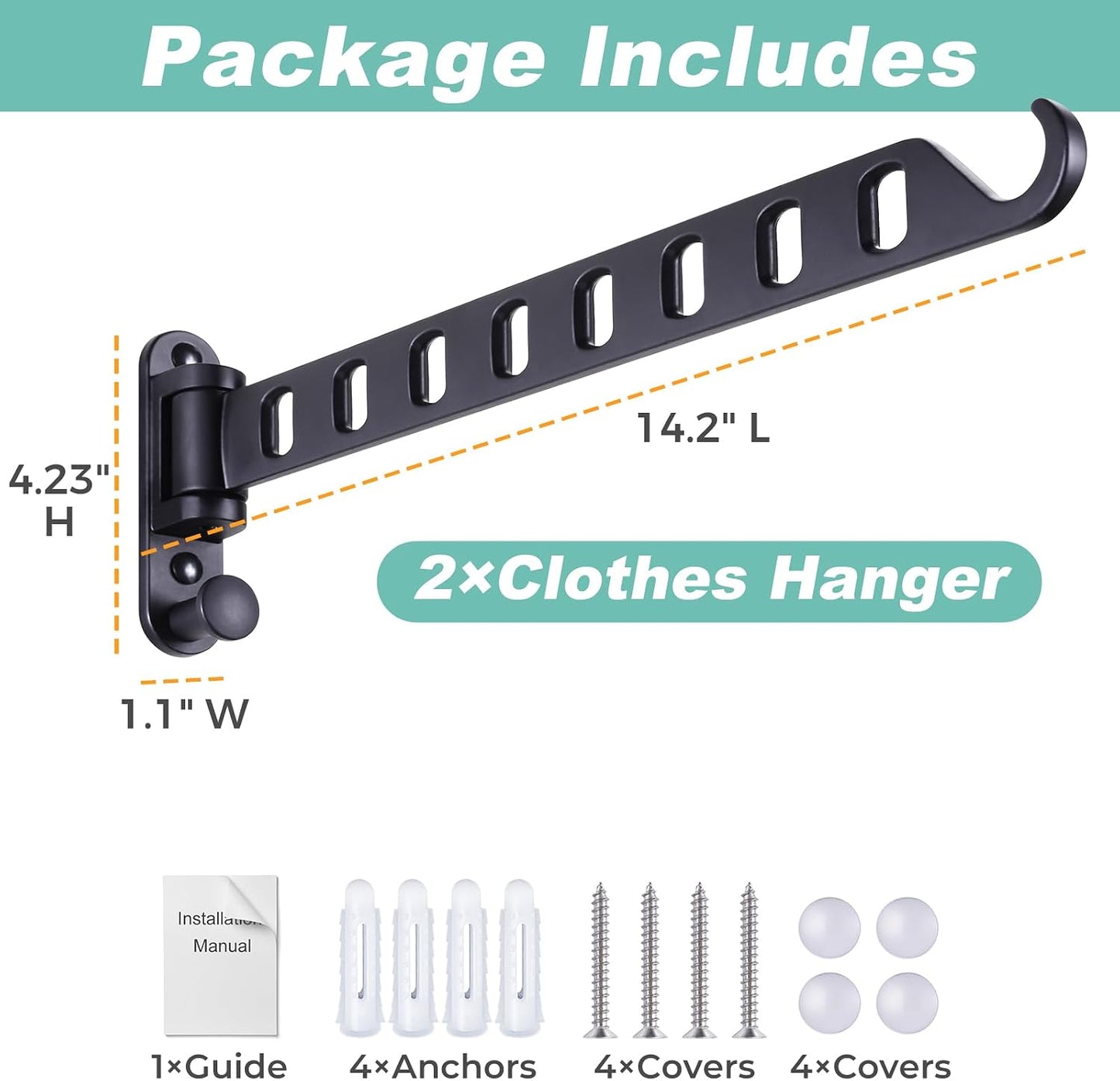 Wall Mounted Clothes Hanger with Swing Arm - 8-Hole Laundry Room Drying Rack | 180° Rotation & Space Saving for Hanging Clothes | Swing Away Coat Hanger | Aluminium(2-Pack, White)