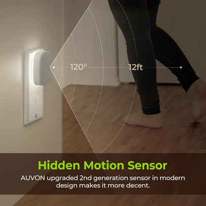 AUVON Plug-in LED Backlit Night Light with Motion Sensor & Dusk to Dawn Sensor, Dimmable Cool White Nightlight with 1-50 lm Adjustable Brightness for Bedroom, Bathroom, Stairs, Hallway (4 Pack)